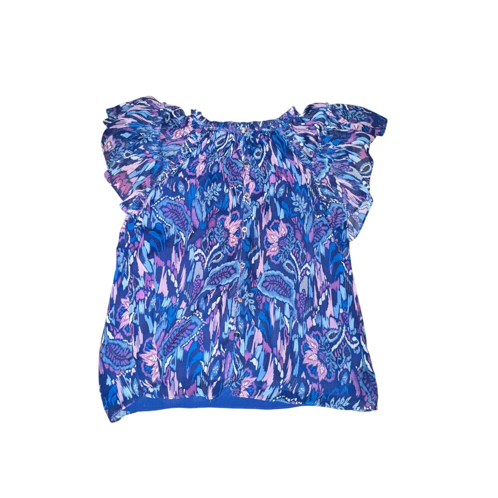 Ramy Brook Ember Blouse Women's Size L Blue Purple Flutter Sleeve Button Front
